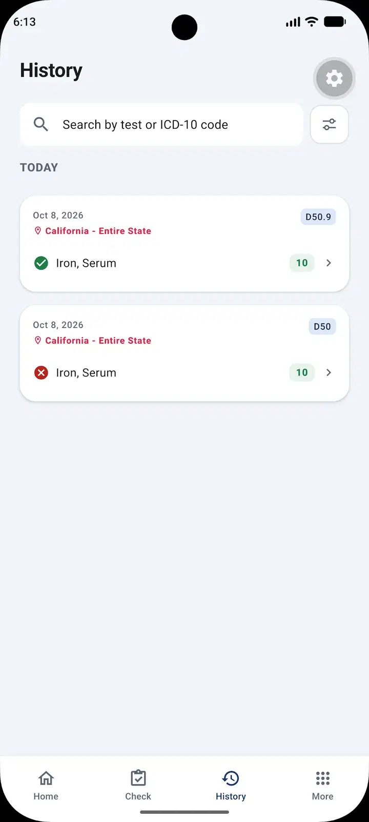 LabNecessity history screen: Search and filter every past check.