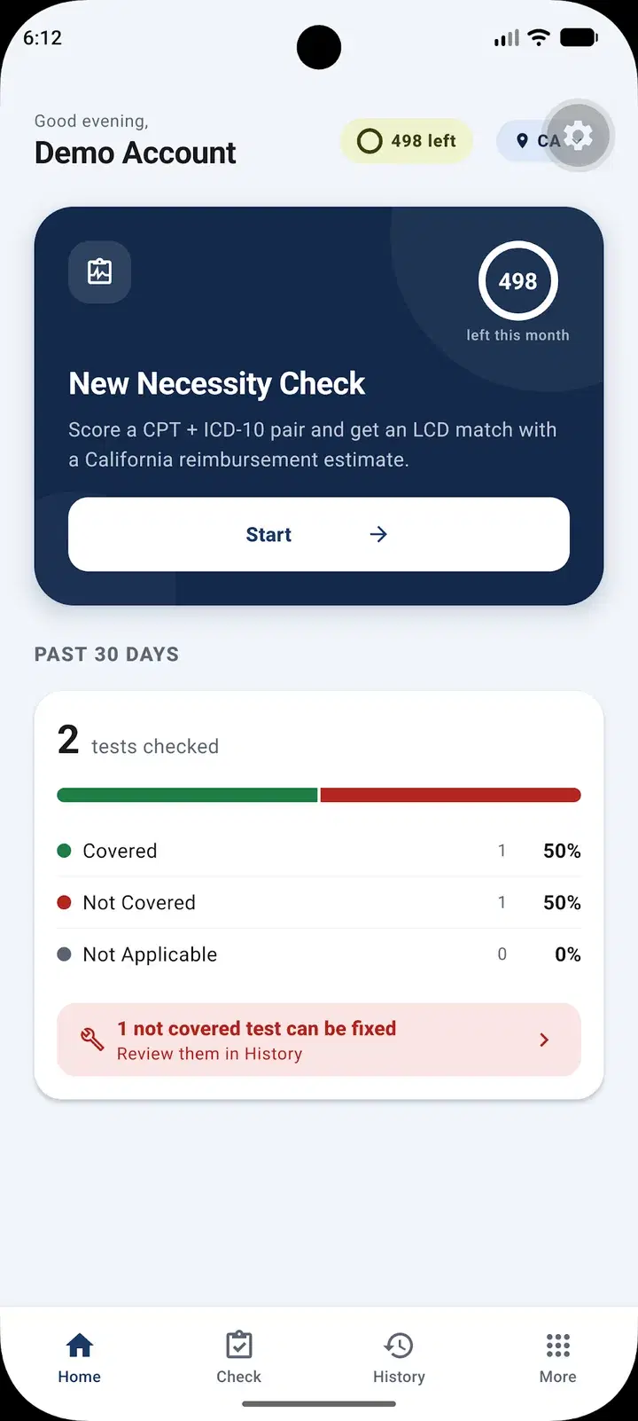 LabNecessity home screen with a New Necessity Check button and a 30-day summary of covered and not-covered tests