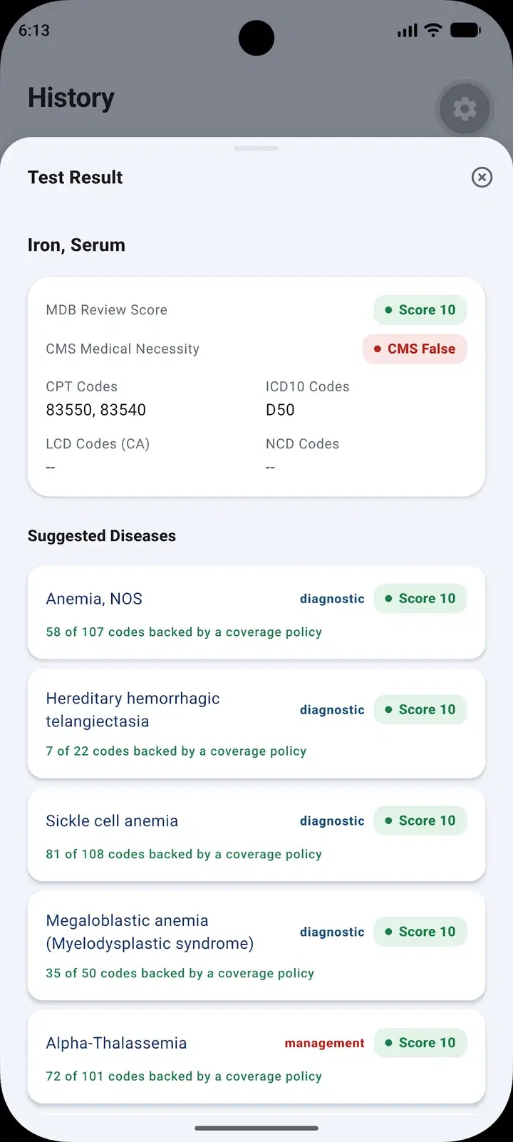 LabNecessity test result screen: Review score, CMS result and the codes checked.