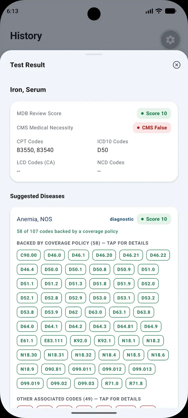 LabNecessity suggested diagnoses screen: ICD-10 codes backed by a coverage policy.
